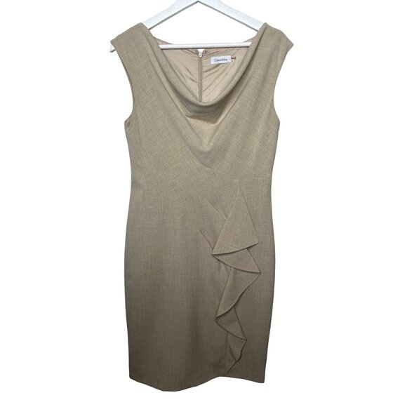 Calvin Klein Tan Sheath Dress Women’s 6 Ruffle Old Money Style - Picture 1 of 13